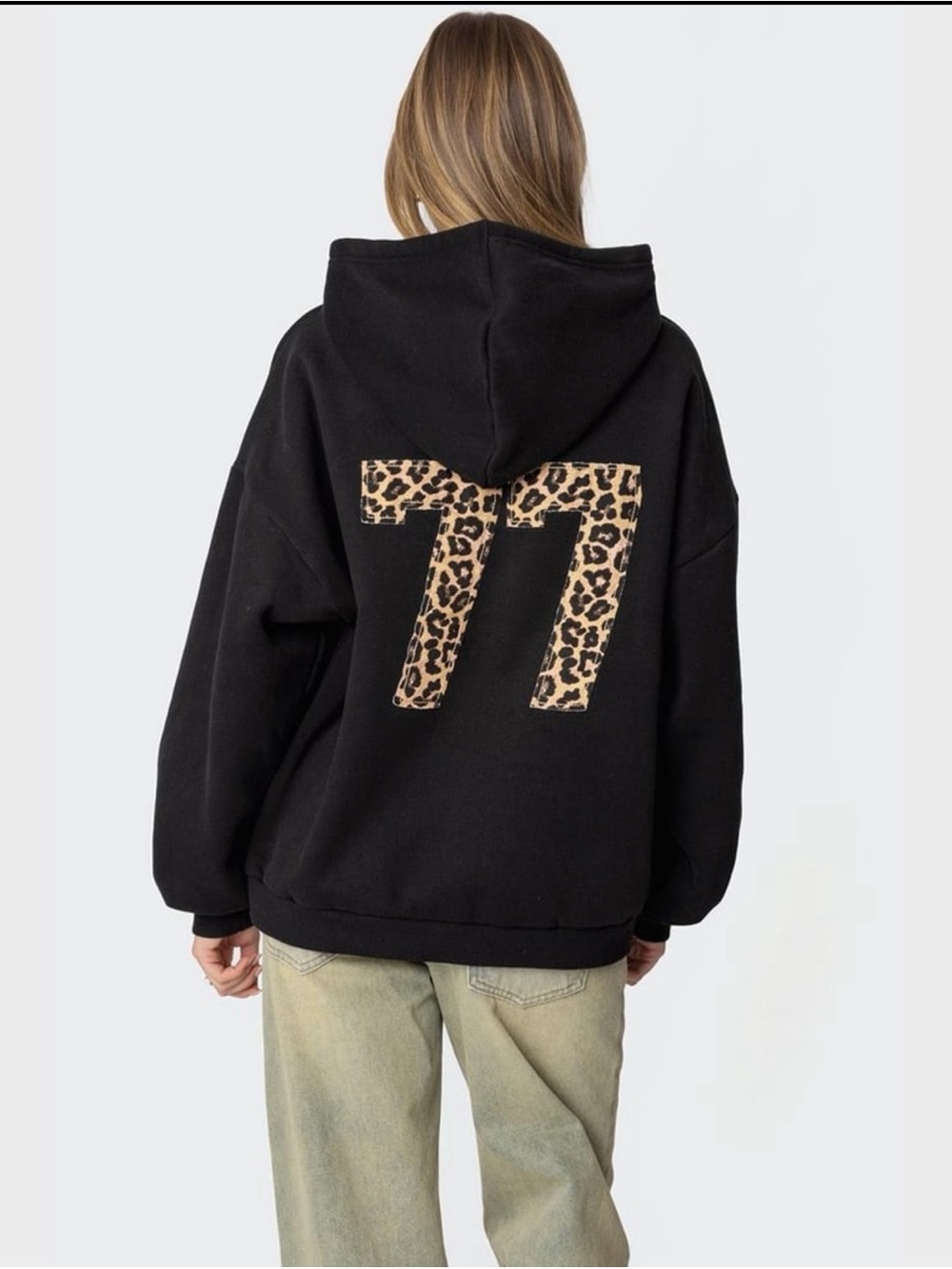 Edikted Black Hoodie with Leopard '77' Graphic